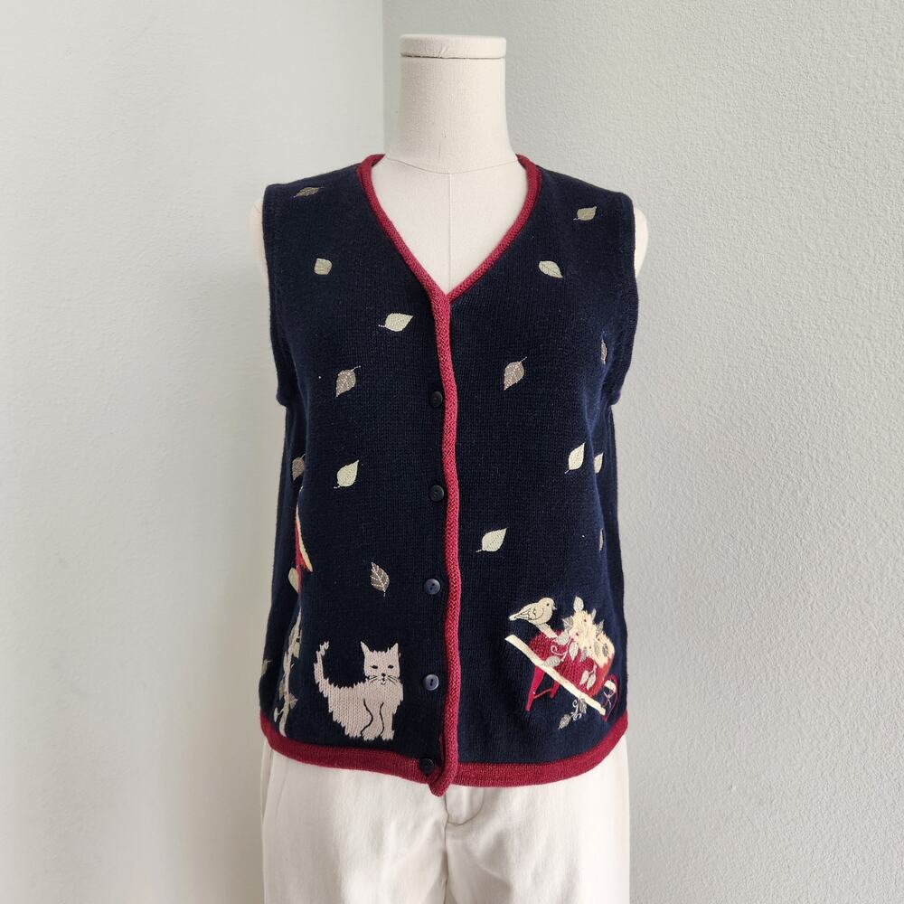Vintage 90s Christopher & Banks Navy Blue Fall Knit Sleeveless Sweater Vest S